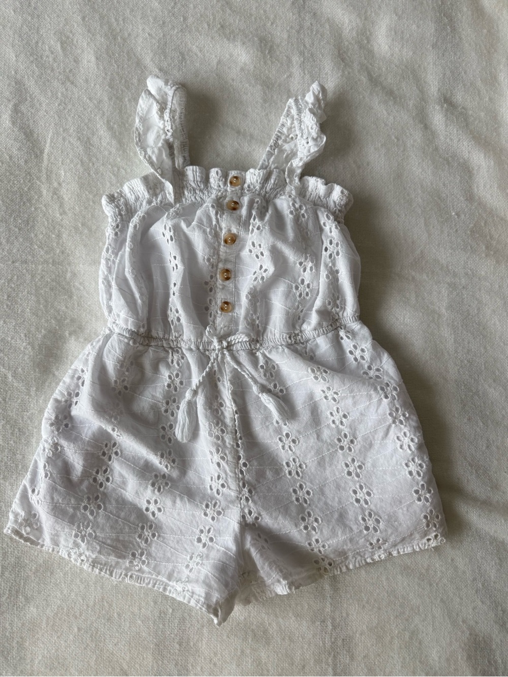 Girls' White Eyelet Cotton Romper with Button Front